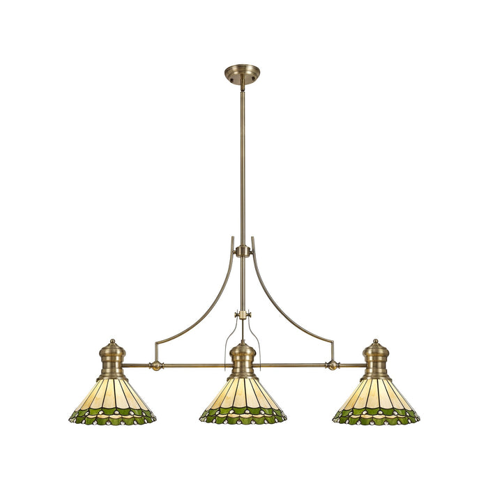 Nelson Lighting NLK04709 Louis/Umbrian 3 Light Telescopic Pendant With 30cm Tiffany Shade Antique Brass/Green/CRome/Crystal