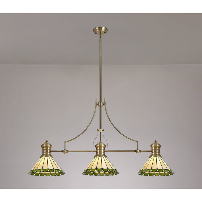 Nelson Lighting NLK04709 Louis/Umbrian 3 Light Telescopic Pendant With 30cm Tiffany Shade Antique Brass/Green/CRome/Crystal