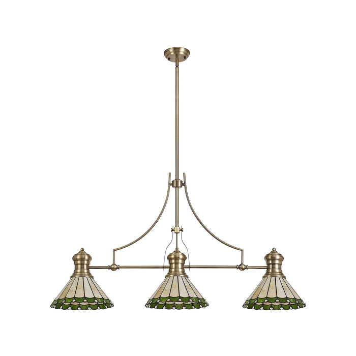 Nelson Lighting NLK04709 Louis/Umbrian 3 Light Telescopic Pendant With 30cm Tiffany Shade Antique Brass/Green/CRome/Crystal