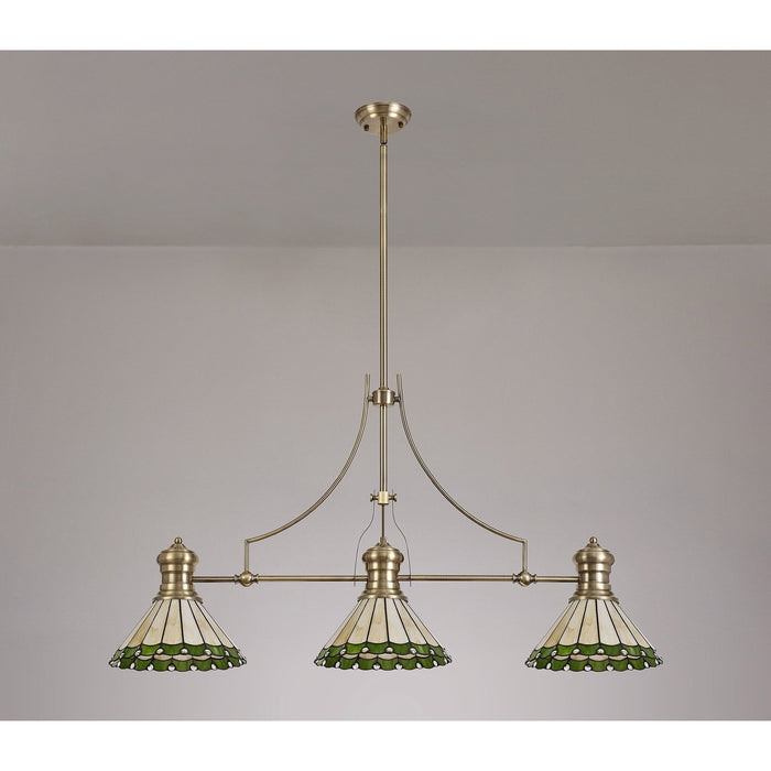 Nelson Lighting NLK04709 Louis/Umbrian 3 Light Telescopic Pendant With 30cm Tiffany Shade Antique Brass/Green/CRome/Crystal