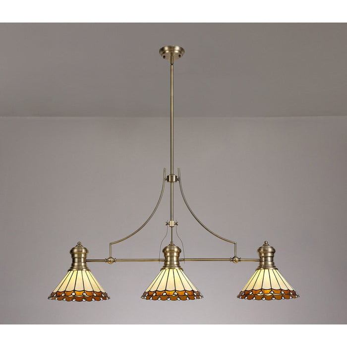 Nelson Lighting NLK04719 Louis/Umbrian 3 Light Telescopic Pendant With 30cm Tiffany Shade Antique Brass/Amber/CRome/Crystal