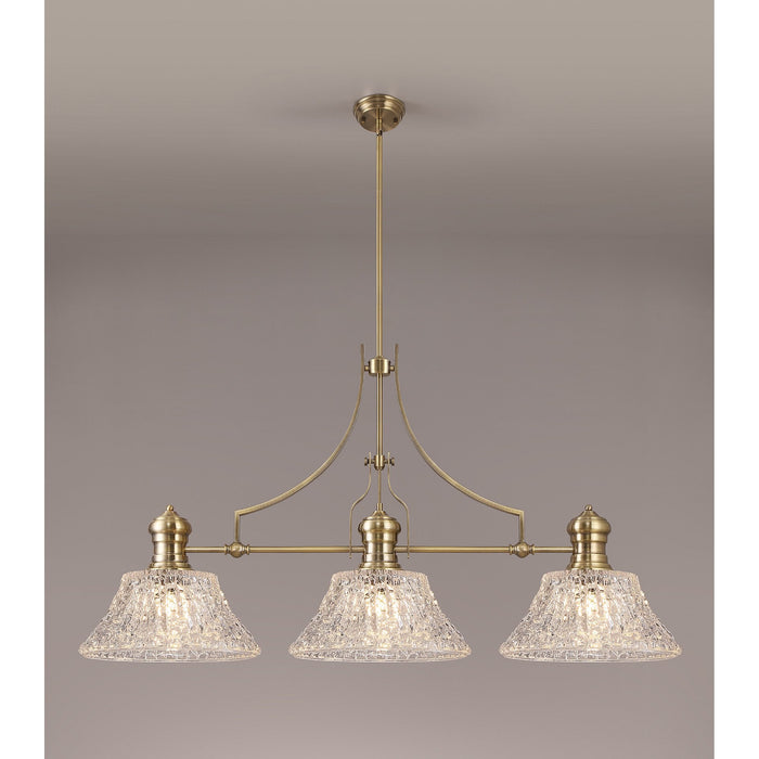Nelson Lighting NLK04749 Louis Linear Pendant With 38cm Patterned Round Shade Antique Brass/Clear Glass
