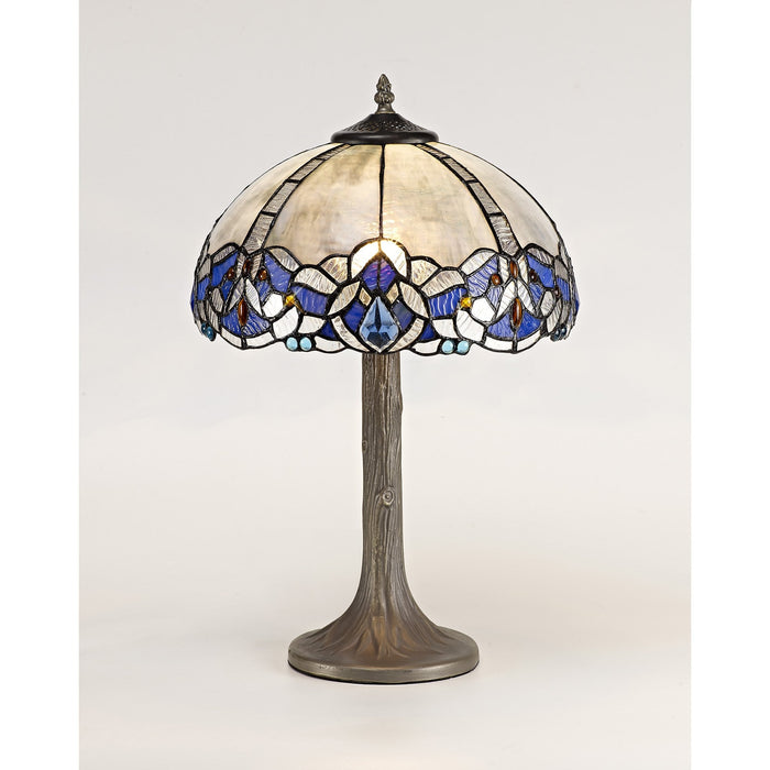 Nelson Lighting NLK01439 Ossie 1 Light Tree Like Table Lamp With 30cm Tiffany Shade Blue/Clear Crystal/Aged Antique Brass