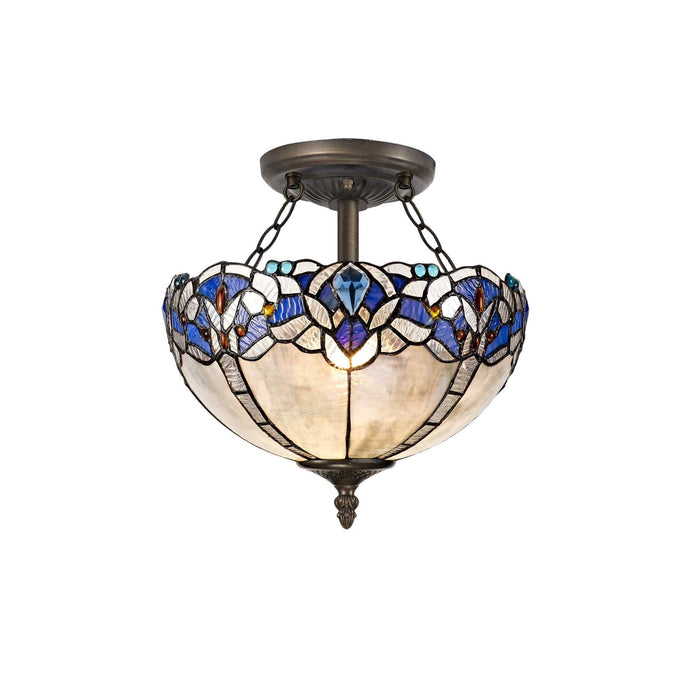 Nelson Lighting NLK01499 Ossie 2 Light Semi Ceiling With 30cm Tiffany Shade Blue/Clear Crystal/Aged Antique Brass