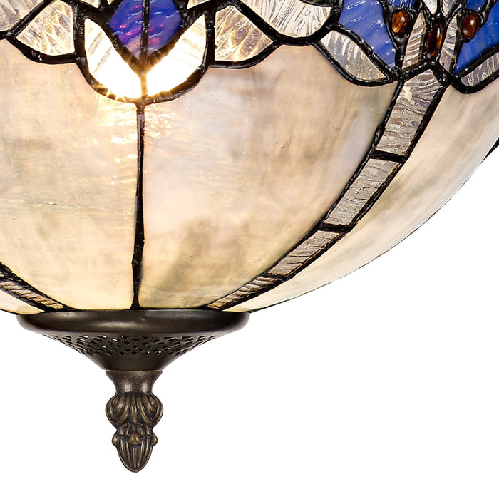 Nelson Lighting NLK01499 Ossie 2 Light Semi Ceiling With 30cm Tiffany Shade Blue/Clear Crystal/Aged Antique Brass