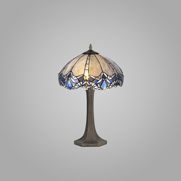 Nelson Lighting NLK01559 Ossie 2 Light Octagonal Table Lamp With 40cm Tiffany Shade Blue/Clear Crystal/Aged Antique Brass