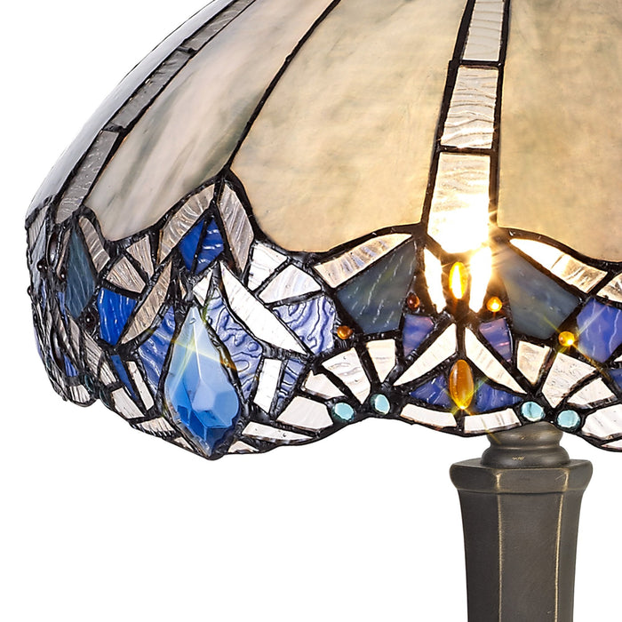 Nelson Lighting NLK01559 Ossie 2 Light Octagonal Table Lamp With 40cm Tiffany Shade Blue/Clear Crystal/Aged Antique Brass
