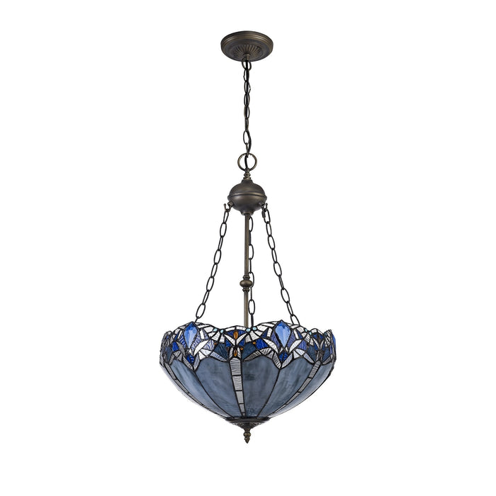 Nelson Lighting NLK01609 Ossie 2 Light Up Lighter Pendant With 40cm Tiffany Shade Blue/Clear Crystal/Aged Antique Brass