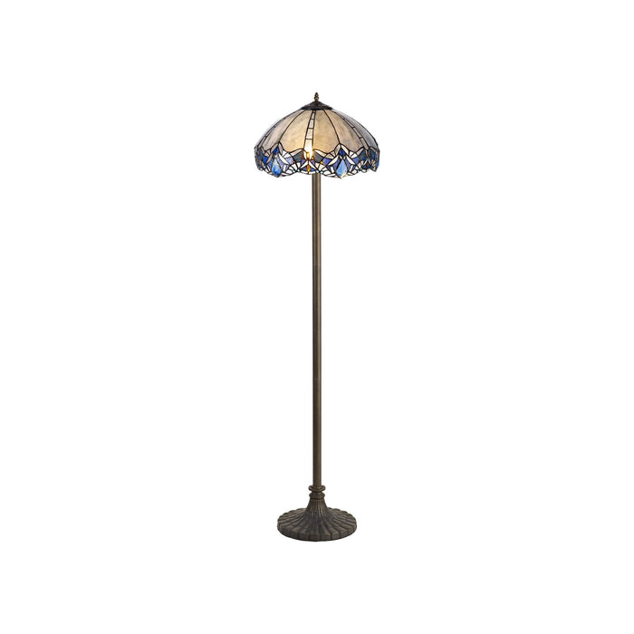 Nelson Lighting NLK01649 Ossie 2 Light Stepped Design Floor Lamp With 40cm Tiffany Shade Blue/Clear Crystal/Aged Antique Brass