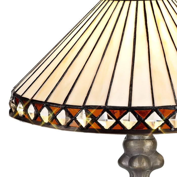 Nelson Lighting NLK02189 Tink 1 Light Curved Table Lamp With 30cm Tiffany Shade Amber/Chrome/Crystal/Aged Antique Brass