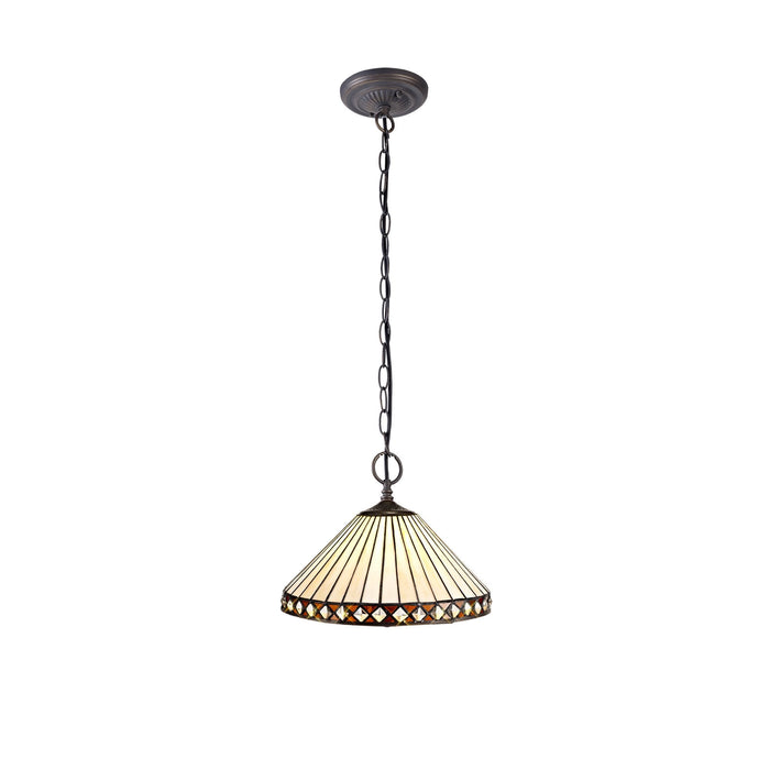 Nelson Lighting NLK02219 Tink 2 Light Down Lighter Pendant With 30cm Tiffany Shade Amber/Chrome/Crystal/Aged Antique Brass