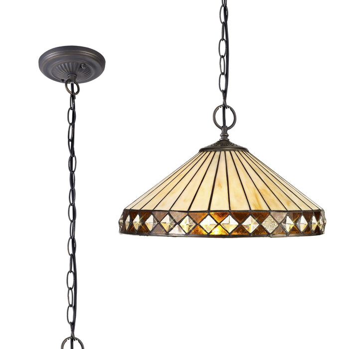 Nelson Lighting NLK02319 Tink 2 Light Down Lighter Pendant With 40cm Tiffany Shade Amber/Chrome/Crystal/Aged Antique Brass