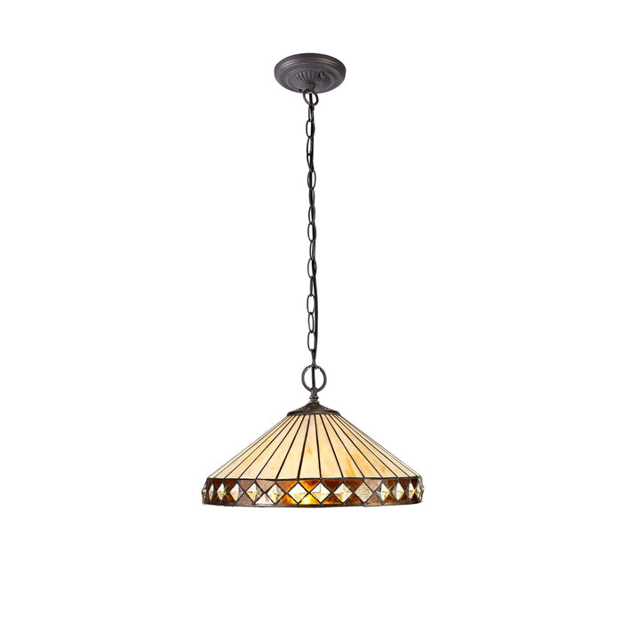 Nelson Lighting NLK02319 Tink 2 Light Down Lighter Pendant With 40cm Tiffany Shade Amber/Chrome/Crystal/Aged Antique Brass