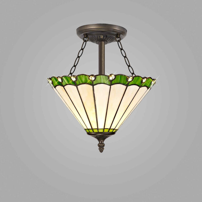 Nelson Lighting NLK02469 Umbrian 3 Light Semi Ceiling With 30cm Tiffany Shade Green/Chrome/Crystal/Aged Antique Brass