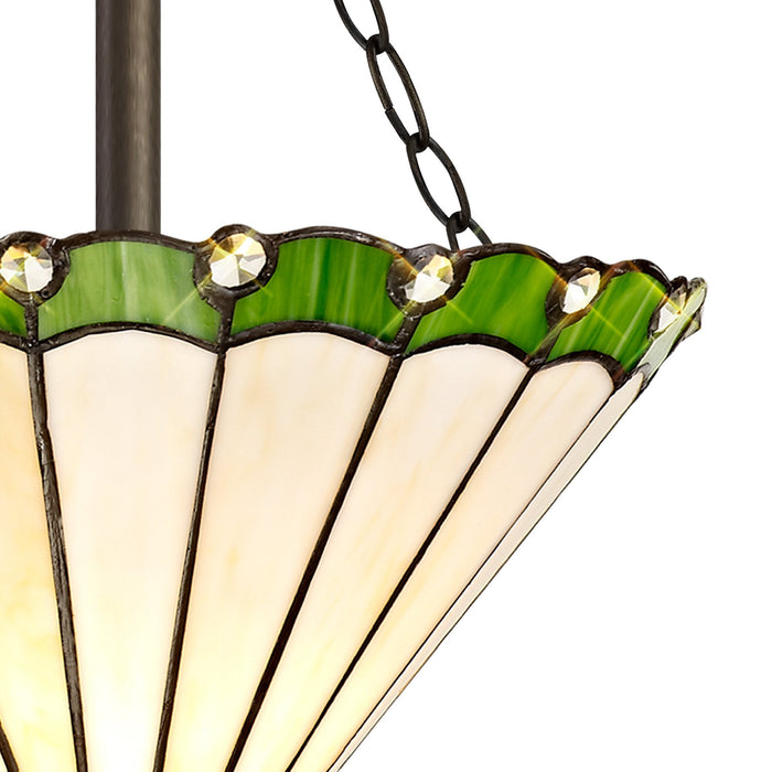 Nelson Lighting NLK02469 Umbrian 3 Light Semi Ceiling With 30cm Tiffany Shade Green/Chrome/Crystal/Aged Antique Brass