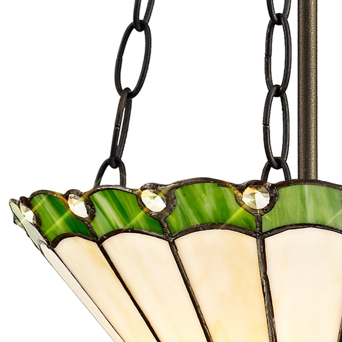 Nelson Lighting NLK02479 Umbrian 2 Light Up Lighter Pendant With 30cm Tiffany Shade Green/Chrome/Crystal/Aged Antique Brass