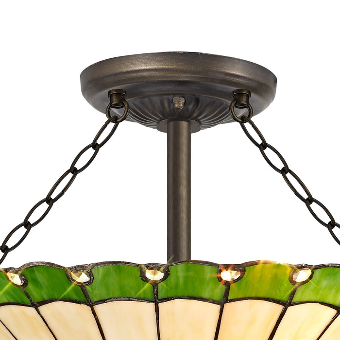 Nelson Lighting NLK02559 Umbrian 3 Light Semi Ceiling With 40cm Tiffany Shade Green/Chrome/Crystal/Aged Antique Brass
