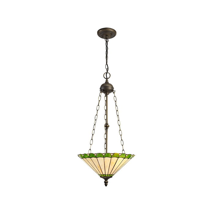 Nelson Lighting NLK02569 Umbrian 3 Light Up Lighter Pendant With 40cm Tiffany Shade Green/Chrome/Crystal/Aged Antique Brass