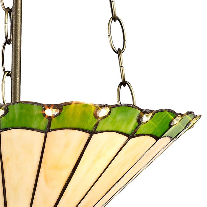 Nelson Lighting NLK02569 Umbrian 3 Light Up Lighter Pendant With 40cm Tiffany Shade Green/Chrome/Crystal/Aged Antique Brass