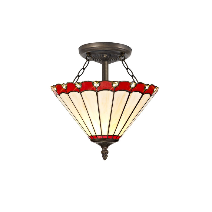 Nelson Lighting NLK02899 Umbrian 2 Light Semi Ceiling With 30cm Tiffany Shade Red/Chrome/Crystal/Aged Antique Brass