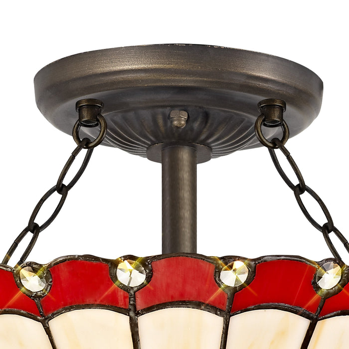 Nelson Lighting NLK02899 Umbrian 2 Light Semi Ceiling With 30cm Tiffany Shade Red/Chrome/Crystal/Aged Antique Brass