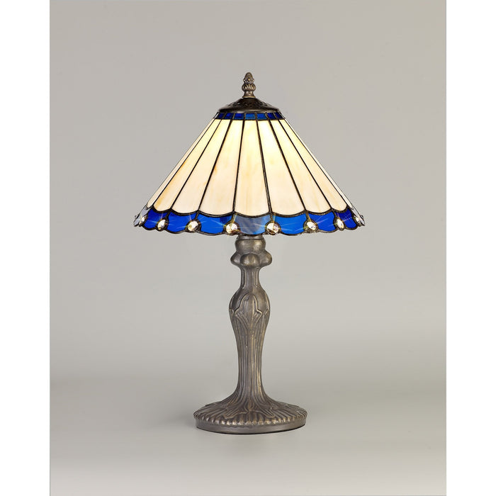 Nelson Lighting NLK03069 Umbrian 1 Light Curved Table Lamp With 30cm Tiffany Shade Blue/Chrome/Crystal/Aged Antique Brass