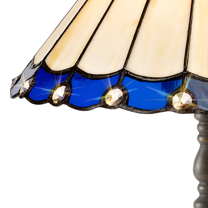 Nelson Lighting NLK03079 Umbrian 1 Light Octagonal Table Lamp With 30cm Tiffany Shade Blue/Chrome/Crystal/Aged Antique Brass