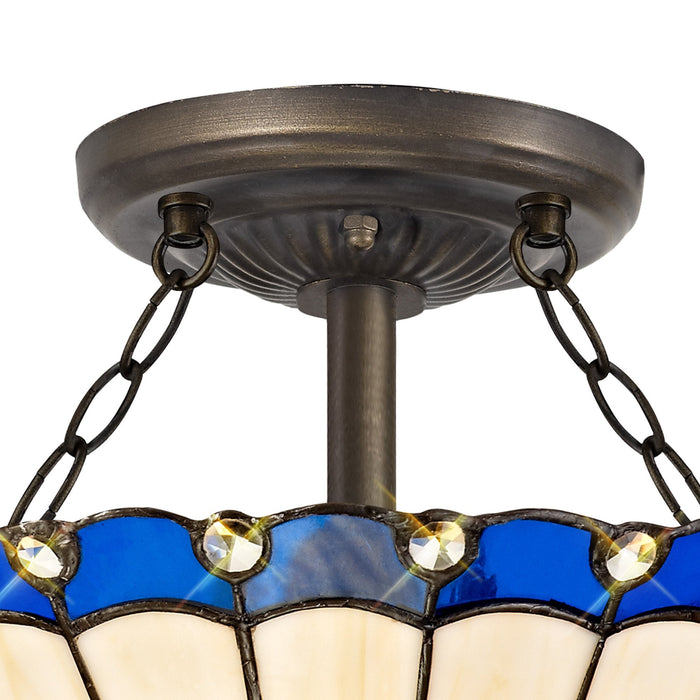 Nelson Lighting NLK03119 Umbrian 2 Light Semi Ceiling With 30cm Tiffany Shade Blue/Chrome/Crystal/Aged Antique Brass
