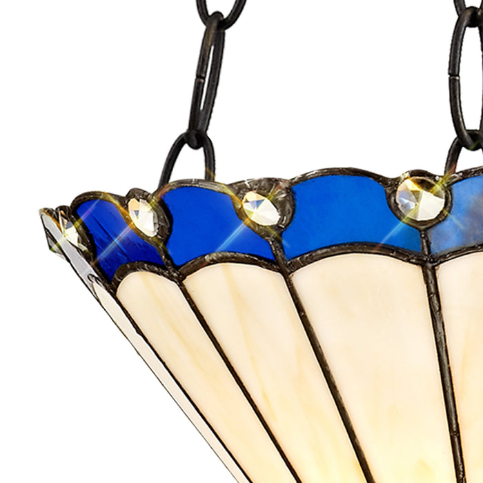 Nelson Lighting NLK03139 Umbrian 2 Light Up Lighter Pendant With 30cm Tiffany Shade Blue/Chrome/Crystal/Aged Antique Brass