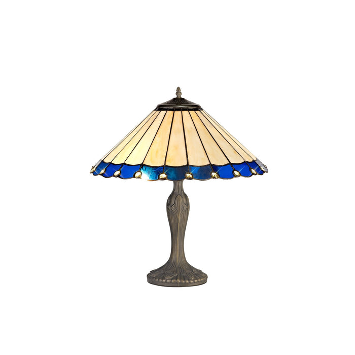 Nelson Lighting NLK03169 Umbrian 2 Light Curved Table Lamp With 40cm Tiffany Shade Blue/Chrome/Crystal/Aged Antique Brass