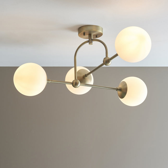 Endon 90843 4 Light Semi Flush Ceiling Light Matt Antique Brass Plate & Opal Glass