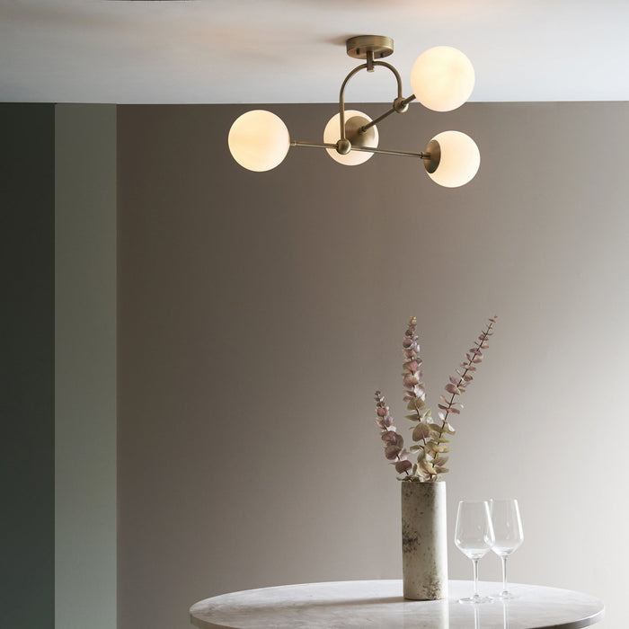 Endon 90843 4 Light Semi Flush Ceiling Light Matt Antique Brass Plate & Opal Glass