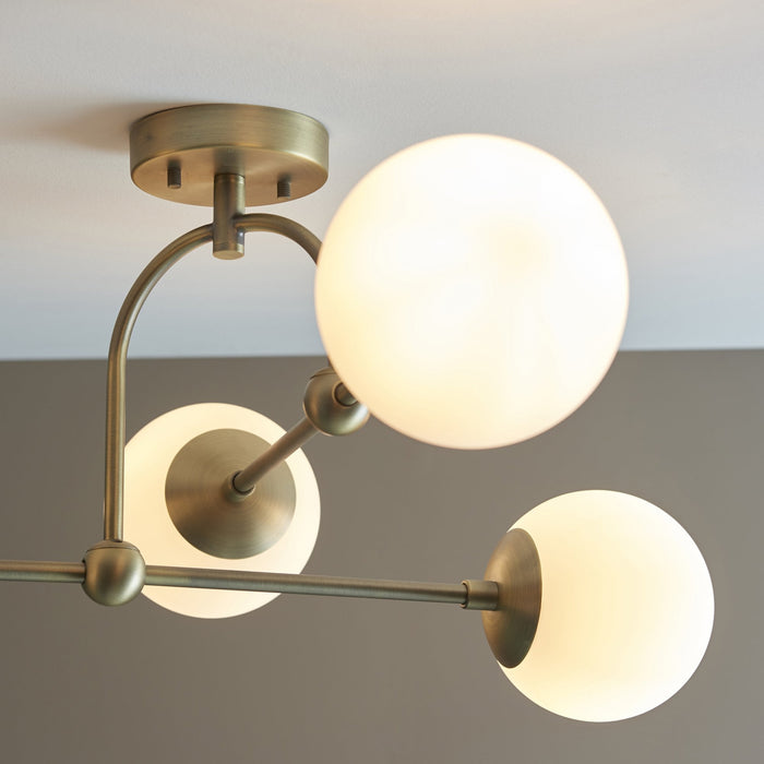 Endon 90843 4 Light Semi Flush Ceiling Light Matt Antique Brass Plate & Opal Glass