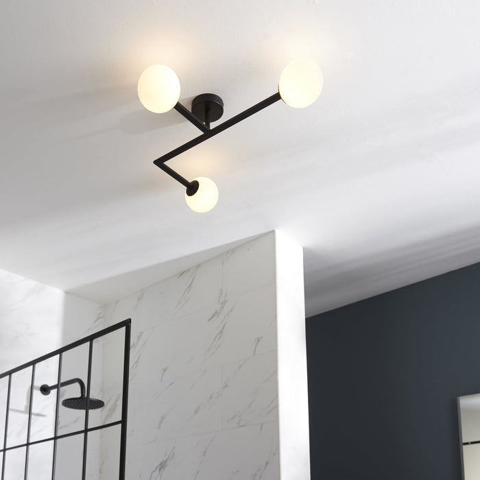 Endon 93905 Bathroom 3 Light Semi Flush Ceiling Light Matt Black & Matt Opal Glass