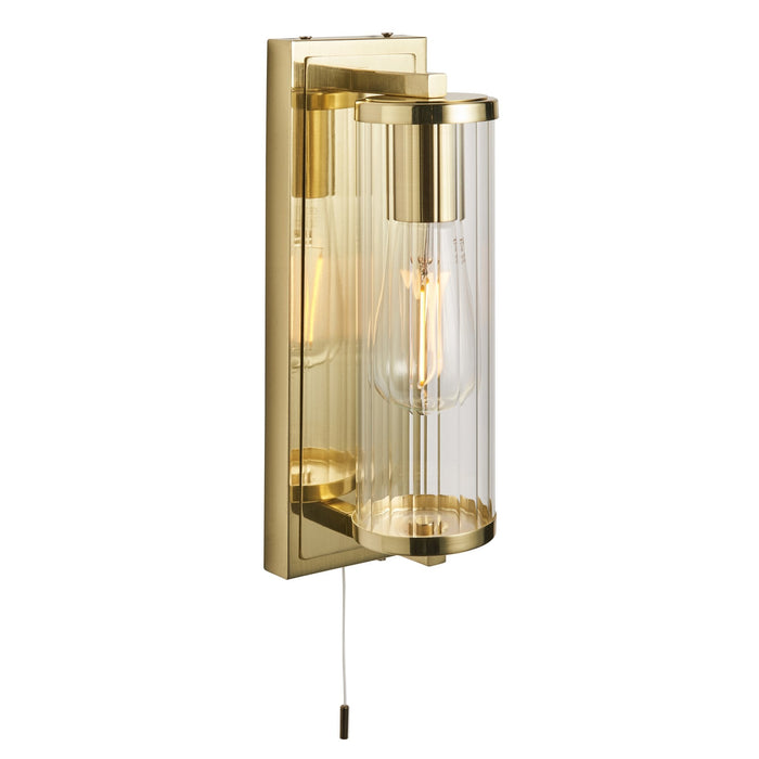 Endon 94075 Bathroom 1 Light Wall Light Satin Brass Plate & Clear Ribbed Glass