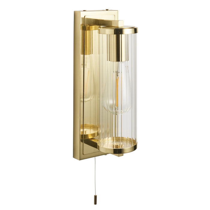 Endon 94075 Bathroom 1 Light Wall Light Satin Brass Plate & Clear Ribbed Glass