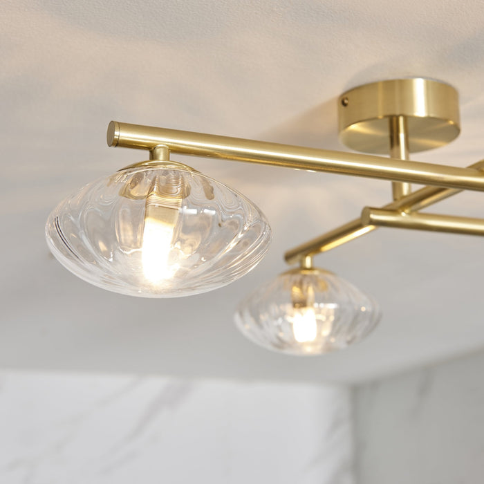 Endon 95009 Bathroom 4 Light Semi Flush Ceiling Light Satin Brass Plate & Clear Ribbed Glass
