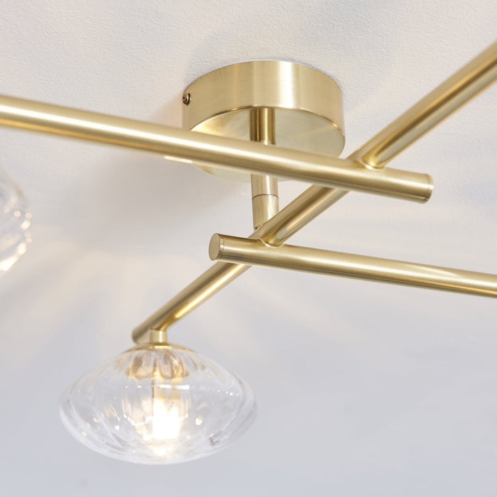 Endon 95009 Bathroom 4 Light Semi Flush Ceiling Light Satin Brass Plate & Clear Ribbed Glass