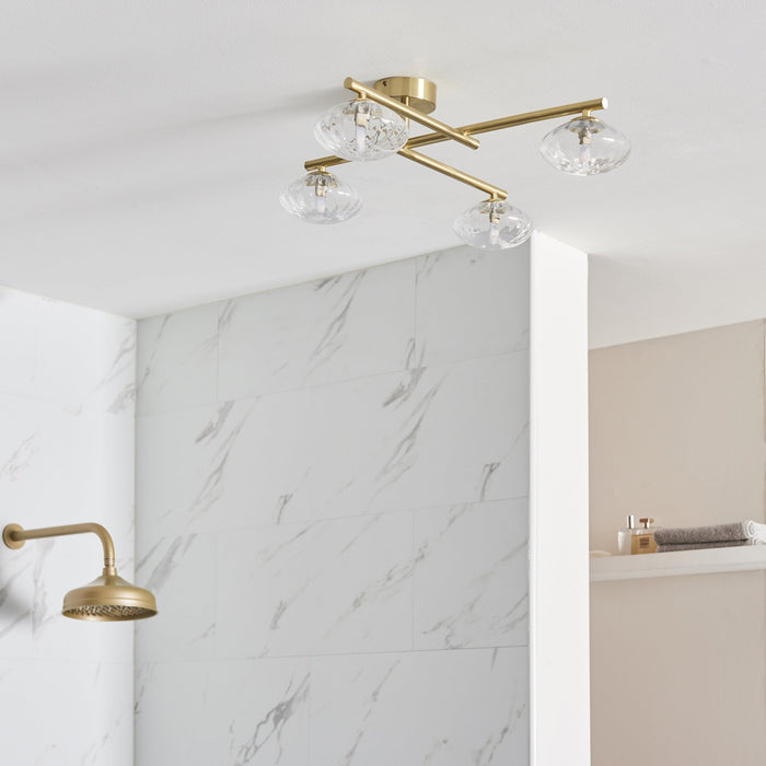 Endon 95009 Bathroom 4 Light Semi Flush Ceiling Light Satin Brass Plate & Clear Ribbed Glass