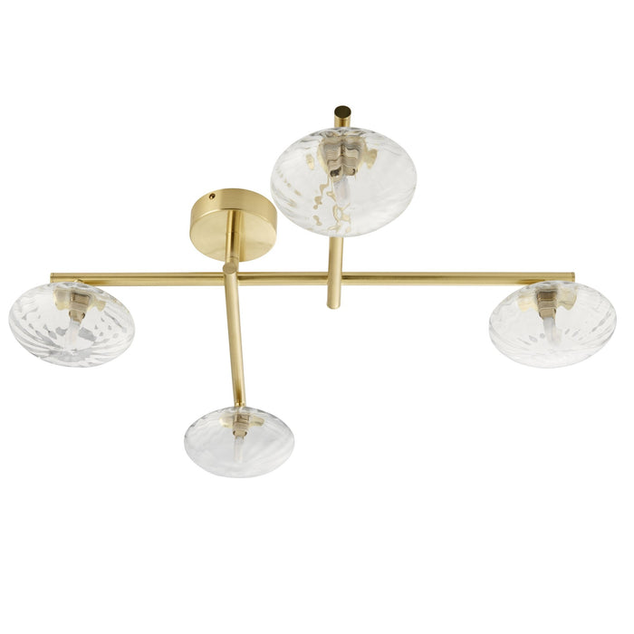 Endon 95009 Bathroom 4 Light Semi Flush Ceiling Light Satin Brass Plate & Clear Ribbed Glass