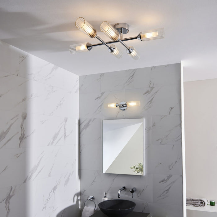 Endon 95045 Bathroom 6 Light Semi Flush Ceiling Light Chrome Plate & Clear/frosted Ribbed Glass