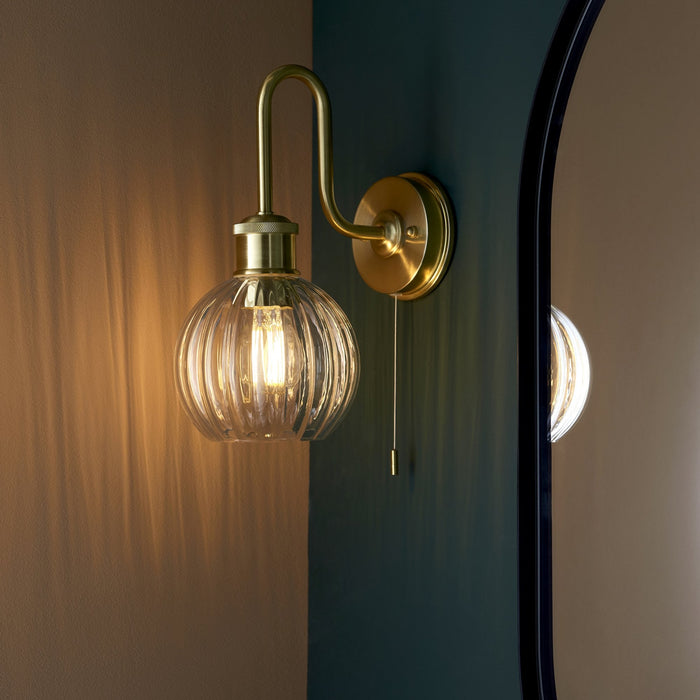Nelson Lighting NL945507 Bathroom 1 Light Wall Light Satin Brass Plate & Clear Ribbed Glass