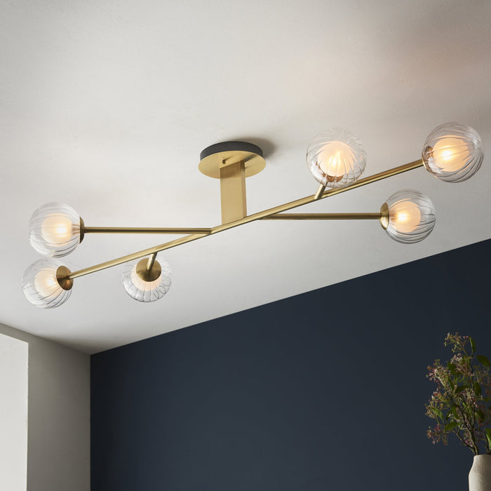 Endon 96689 6 Light Semi Flush Ceiling Light Satin Brass Plate & Clear/frosted Glass