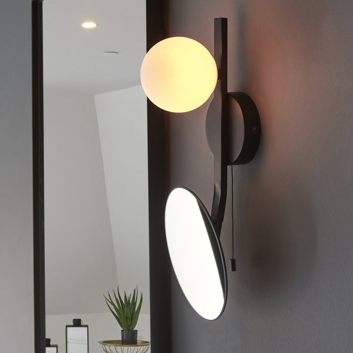 Endon 96729 Bathroom 1 Light Wall Light Matt Black, Mirrored Glass With Opal Glass