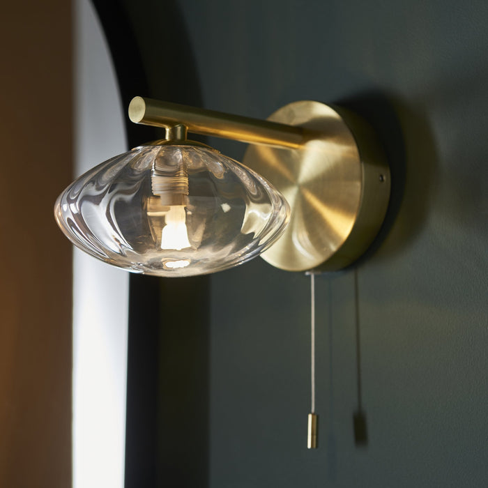 Nelson Lighting NL947182 Bathroom 1 Light Wall Light Satin Brass Plate & Clear Ribbed Glass