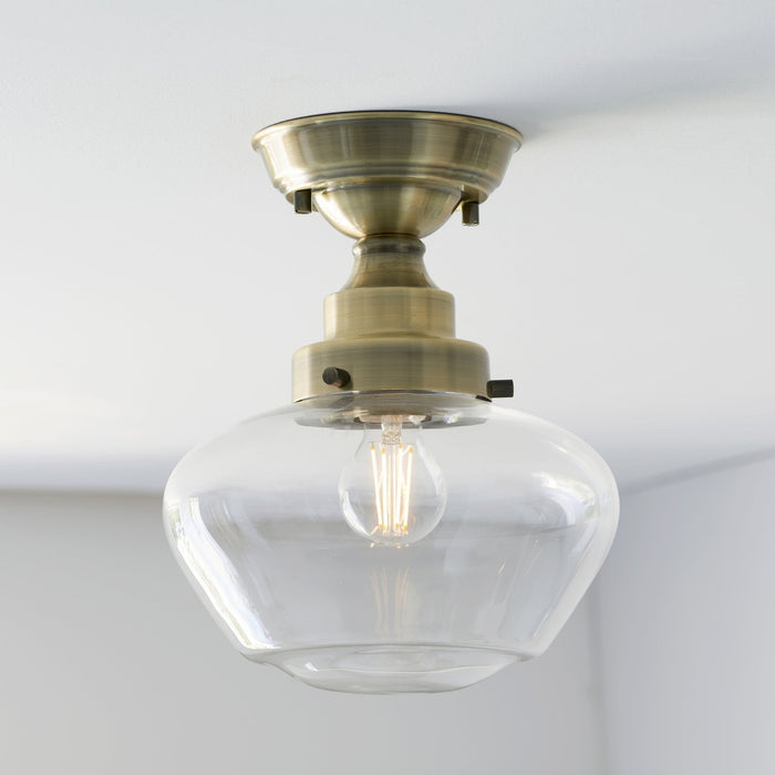 Nelson Lighting NL947687 1 Light Semi Flush Ceiling Light Antique Brass Plate & Clear Glass