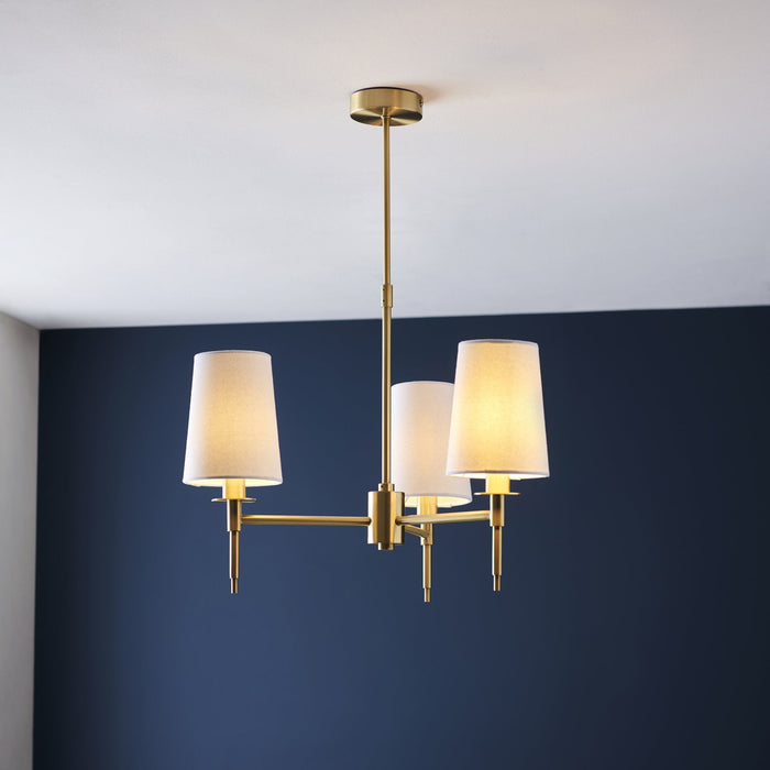 Endon 99456 3 Light Pendant Satin Brass Plate & Vintage White Fabric