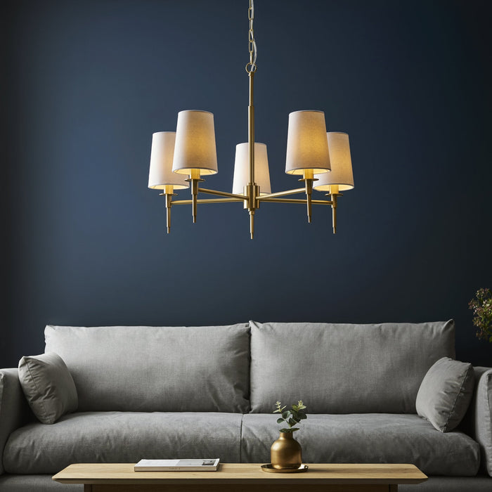 Endon 99458 5 Light Pendant Satin Brass Plate & Vintage White Fabric