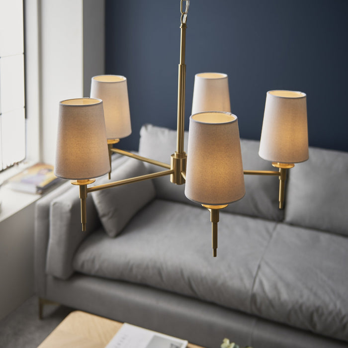 Endon 99458 5 Light Pendant Satin Brass Plate & Vintage White Fabric