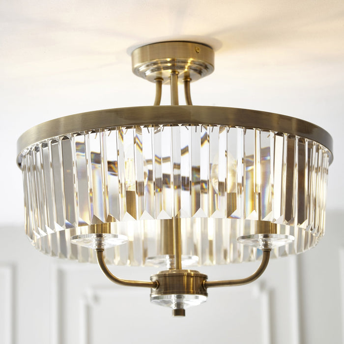 Endon 102506 Semi Flush Ceiling 3 Light Antique Brass Plate And Clear Cut Glass